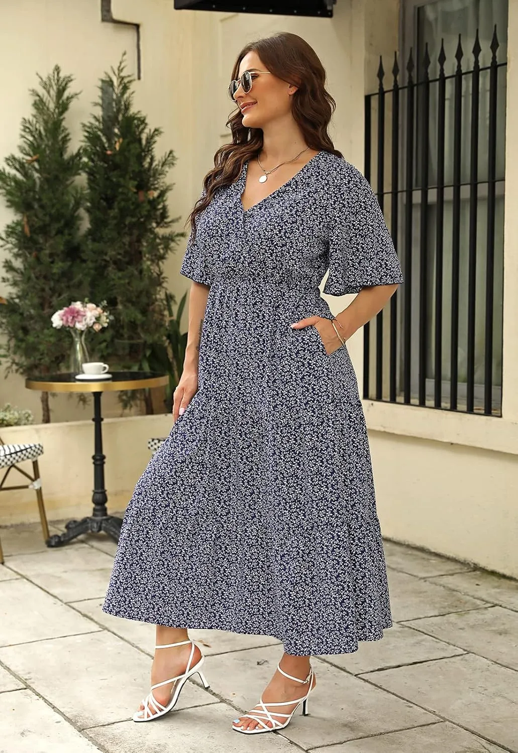 Keluummi Plus Size Wedding Guest Maxi Dresses for Curvy Women, Summer Casual Boho Floral Long Party Sundress with 3/4 Sleeve