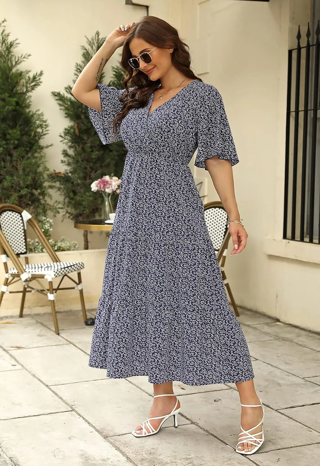 Keluummi Plus Size Wedding Guest Maxi Dresses for Curvy Women, Summer Casual Boho Floral Long Party Sundress with 3/4 Sleeve