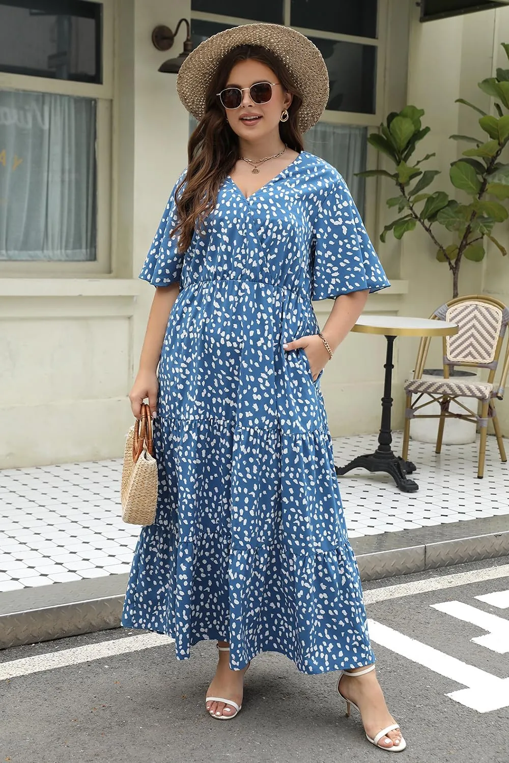 Keluummi Plus Size Wedding Guest Maxi Dresses for Curvy Women, Summer Casual Boho Floral Long Party Sundress with 3/4 Sleeve