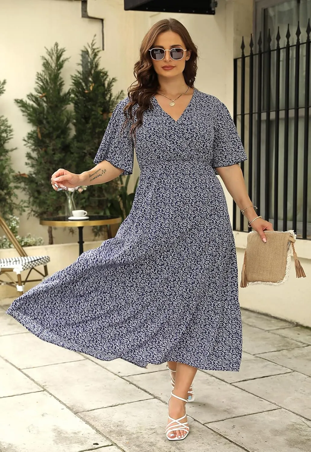 Keluummi Plus Size Wedding Guest Maxi Dresses for Curvy Women, Summer Casual Boho Floral Long Party Sundress with 3/4 Sleeve