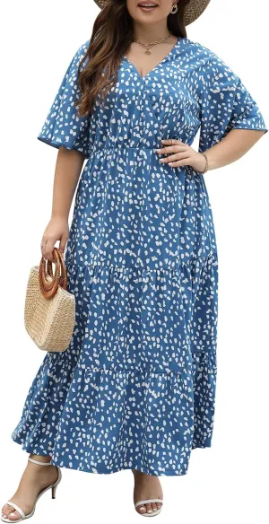 Keluummi Plus Size Wedding Guest Maxi Dresses for Curvy Women, Summer Casual Boho Floral Long Party Sundress with 3/4 Sleeve