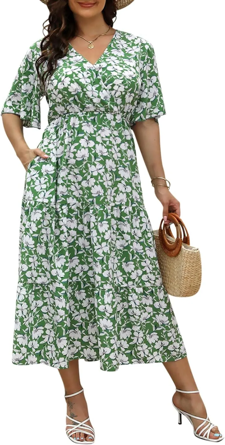 Keluummi Plus Size Wedding Guest Maxi Dresses for Curvy Women, Summer Casual Boho Floral Long Party Sundress with 3/4 Sleeve