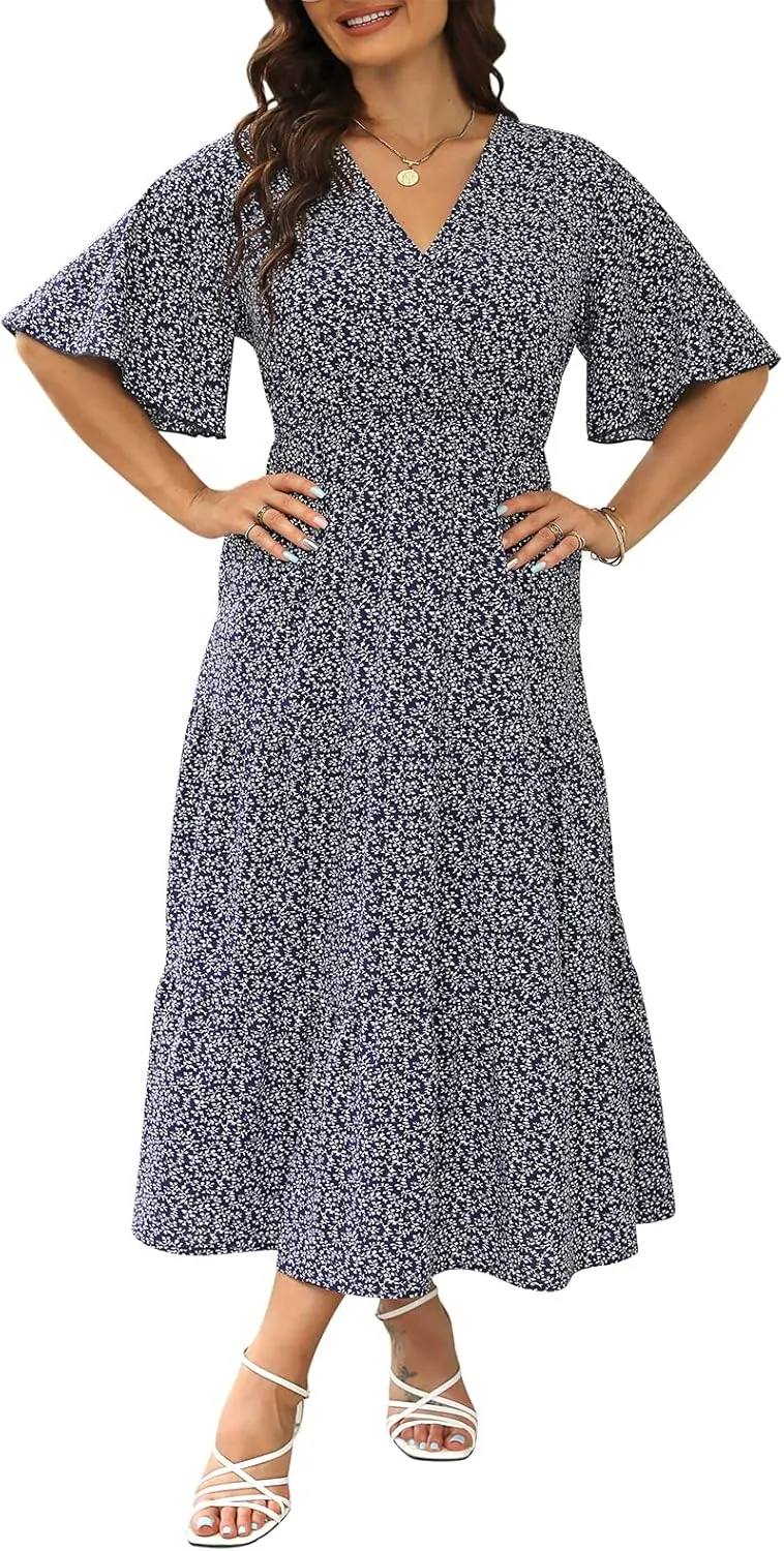 Keluummi Plus Size Wedding Guest Maxi Dresses for Curvy Women, Summer Casual Boho Floral Long Party Sundress with 3/4 Sleeve