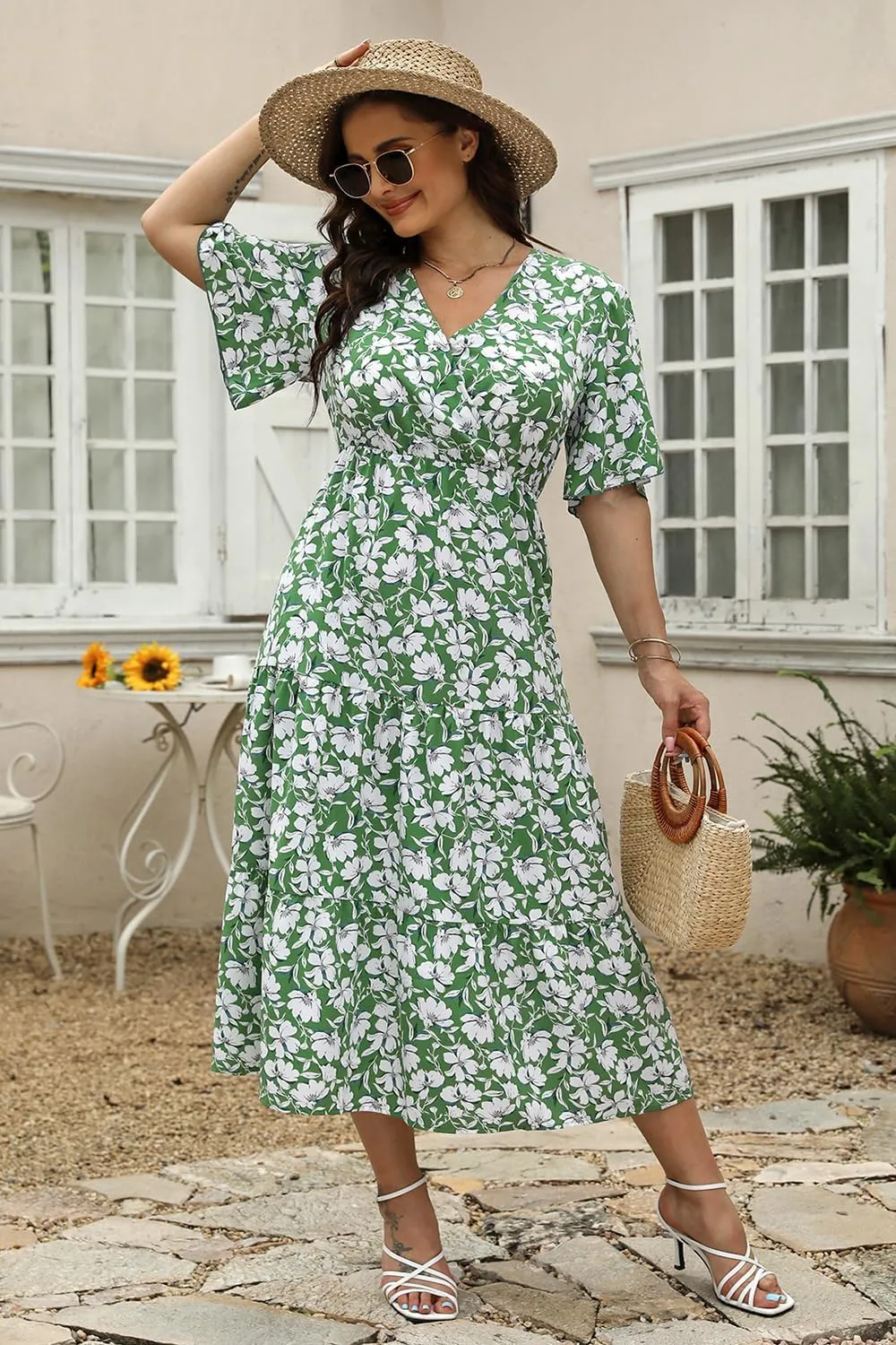 Keluummi Plus Size Wedding Guest Maxi Dresses for Curvy Women, Summer Casual Boho Floral Long Party Sundress with 3/4 Sleeve