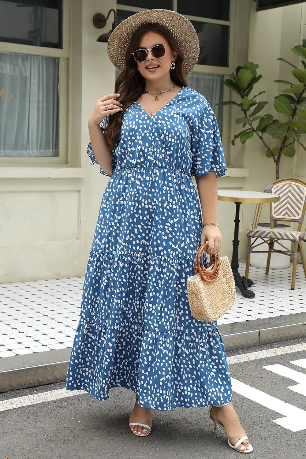 Keluummi Plus Size Wedding Guest Maxi Dresses for Curvy Women, Summer Casual Boho Floral Long Party Sundress with 3/4 Sleeve