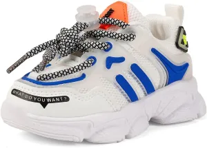 Kids Athletic Sneakers, Chunky Running Shoes, White and Blue with Mesh Design