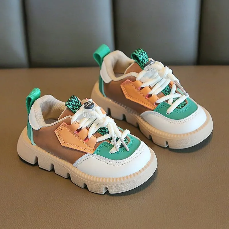 Kids Fashion Sneakers, Chunky Platform Sole, Pink Mint Color Block Design, Casual Athletic Walking Shoes