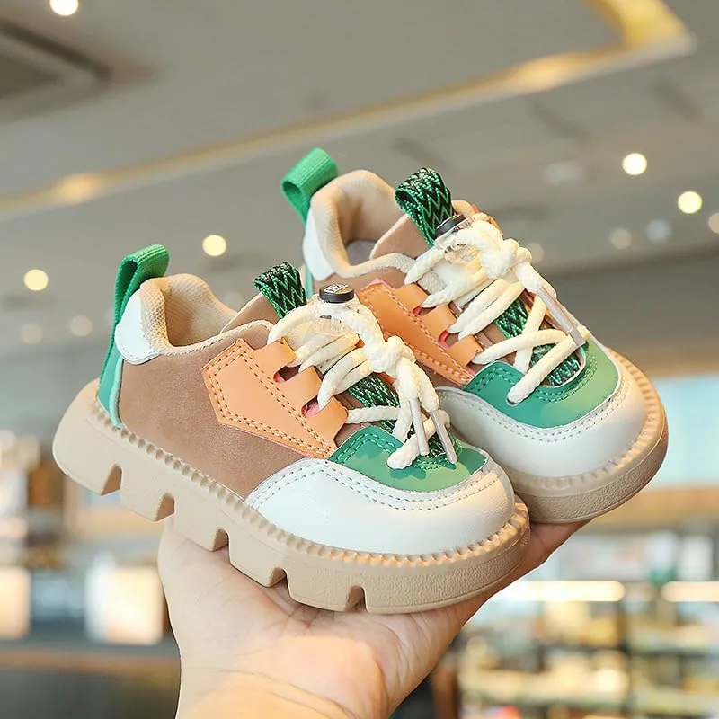 Kids Fashion Sneakers, Chunky Platform Sole, Pink Mint Color Block Design, Casual Athletic Walking Shoes