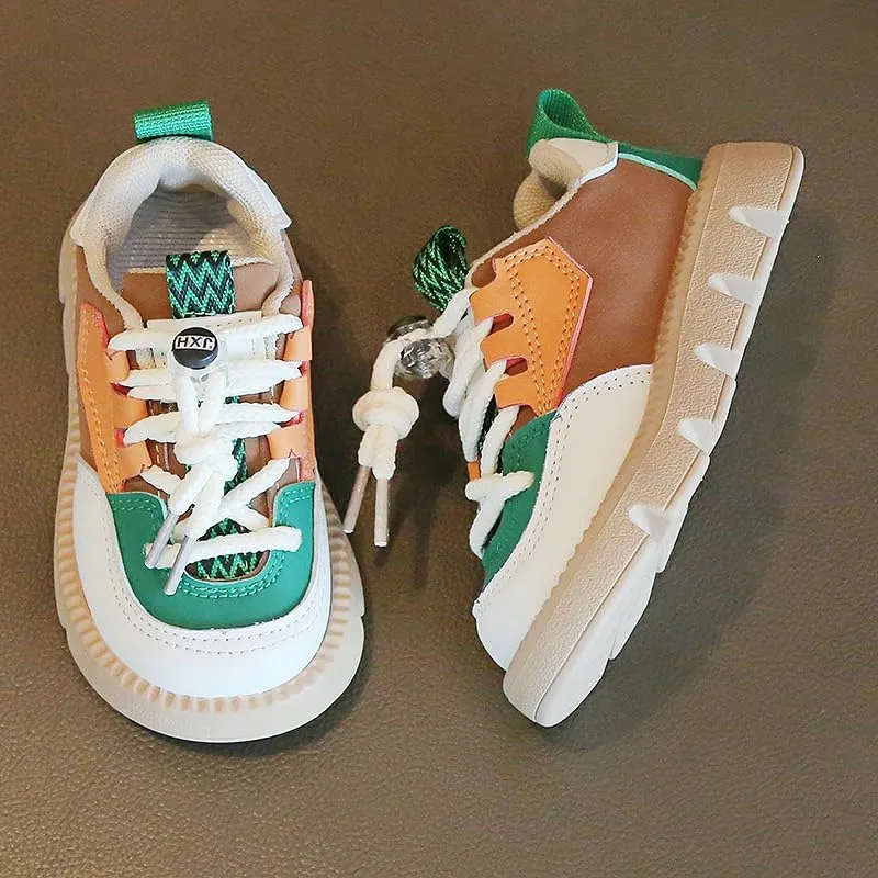 Kids Fashion Sneakers, Chunky Platform Sole, Pink Mint Color Block Design, Casual Athletic Walking Shoes