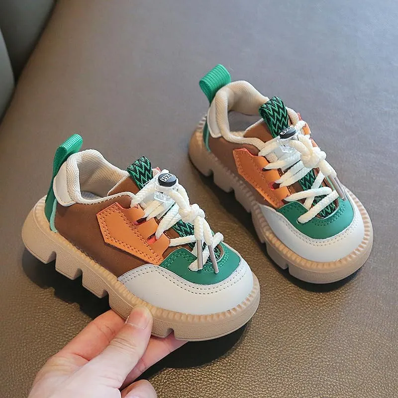 Kids Fashion Sneakers, Chunky Platform Sole, Pink Mint Color Block Design, Casual Athletic Walking Shoes