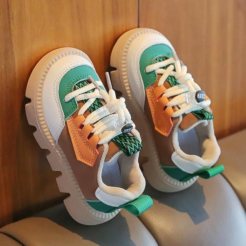 Kids Fashion Sneakers, Chunky Platform Sole, Pink Mint Color Block Design, Casual Athletic Walking Shoes