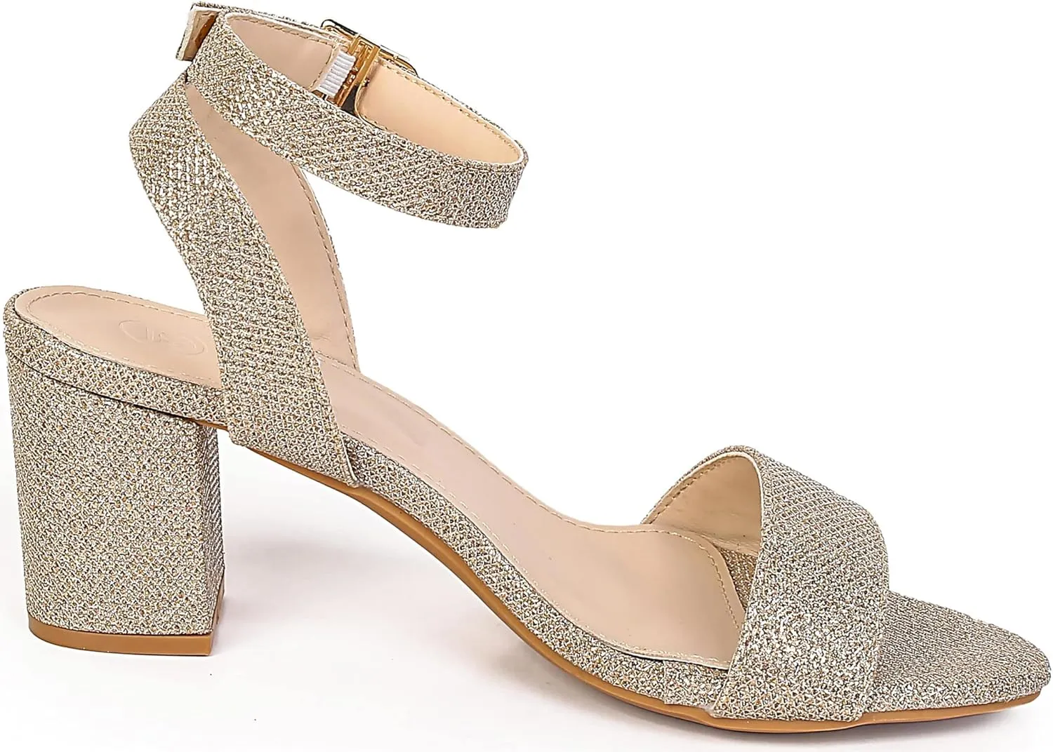 kkdom Glitter Sandals - Strappy, Chunky Pumps; Low Heels, Open Toe Block Heels for Women - Wedding, Dress, Party Wear