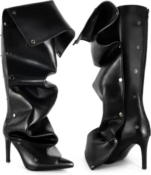 Knee High Boots for Women, Thigh High Boots with Stiletto Pointed Toe Ruched Heel Boot for Office Party