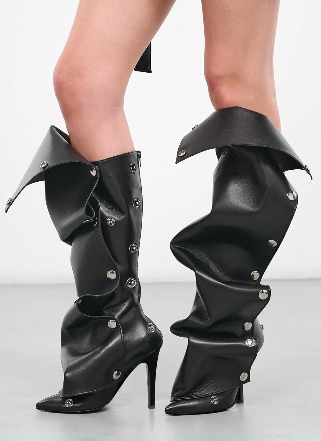 Knee High Boots for Women, Thigh High Boots with Stiletto Pointed Toe Ruched Heel Boot for Office Party