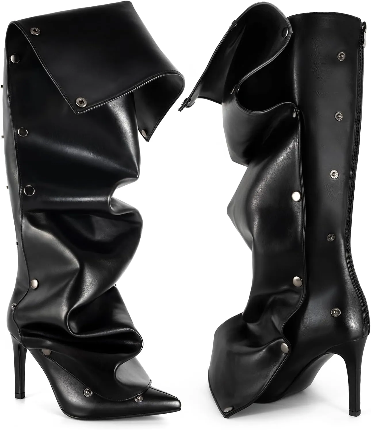 Knee High Boots for Women, Thigh High Boots with Stiletto Pointed Toe Ruched Heel Boot for Office Party