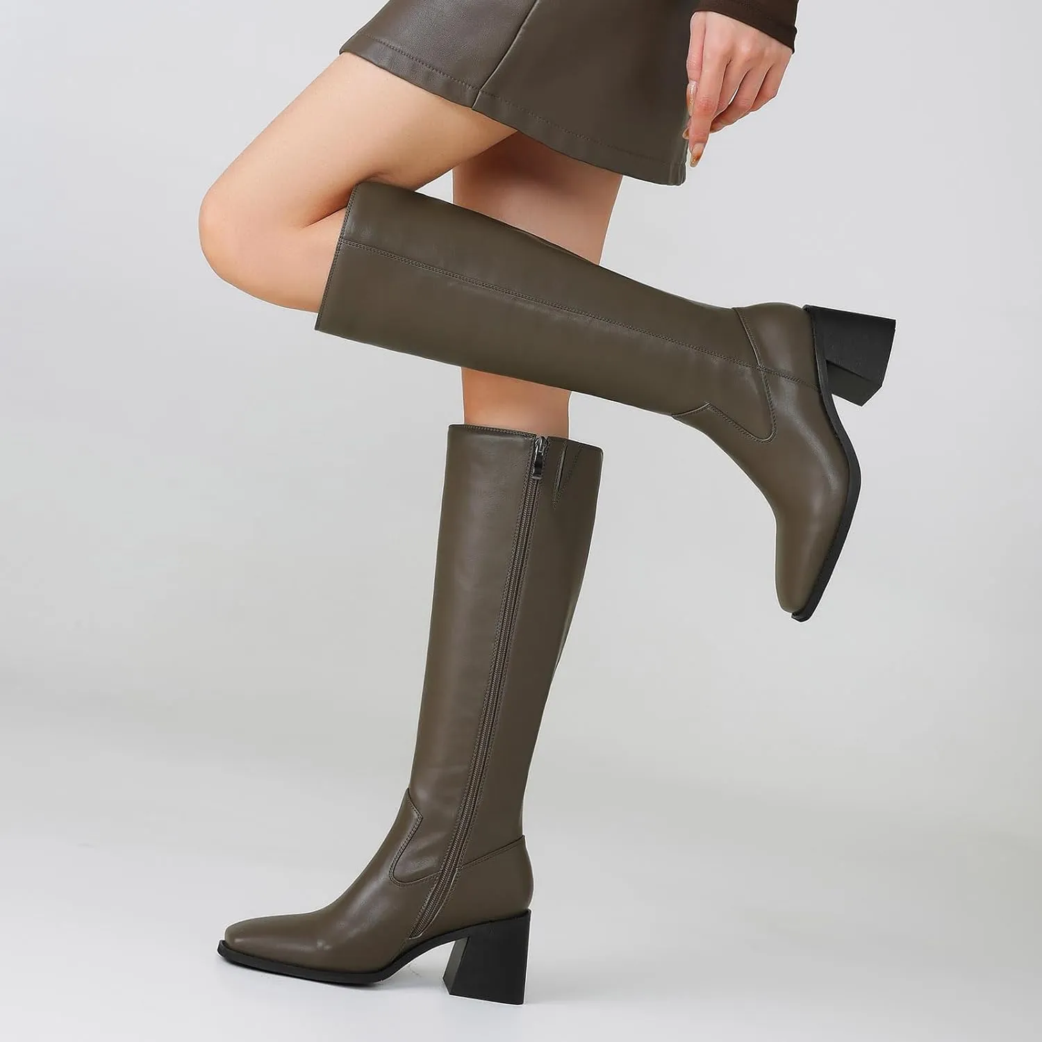 Knee High Boots Women Chunky Heel Fashion Faux Leather Tall Boots Square Toe Block Heeled Long Riding Boots