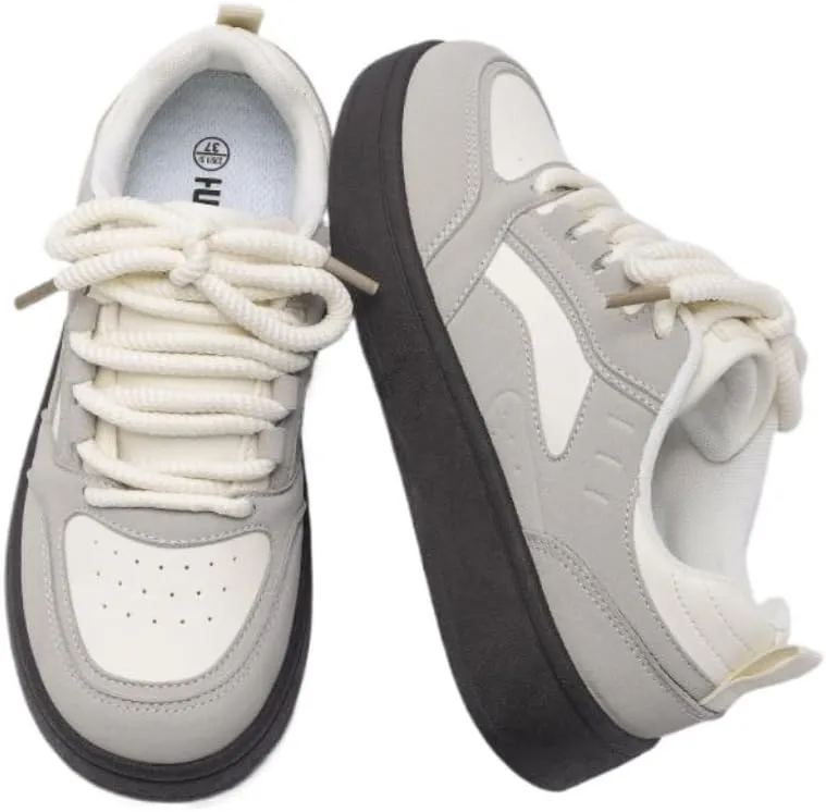 Korean Chunky Sneakers, Kawaii Anime Ice Cream Grey & White Designed for Girls, Cloud Sole Breathable Cute Shoes with Hidden Heel Lift Outfit for Students Travel, Trendy Gift for Daughter