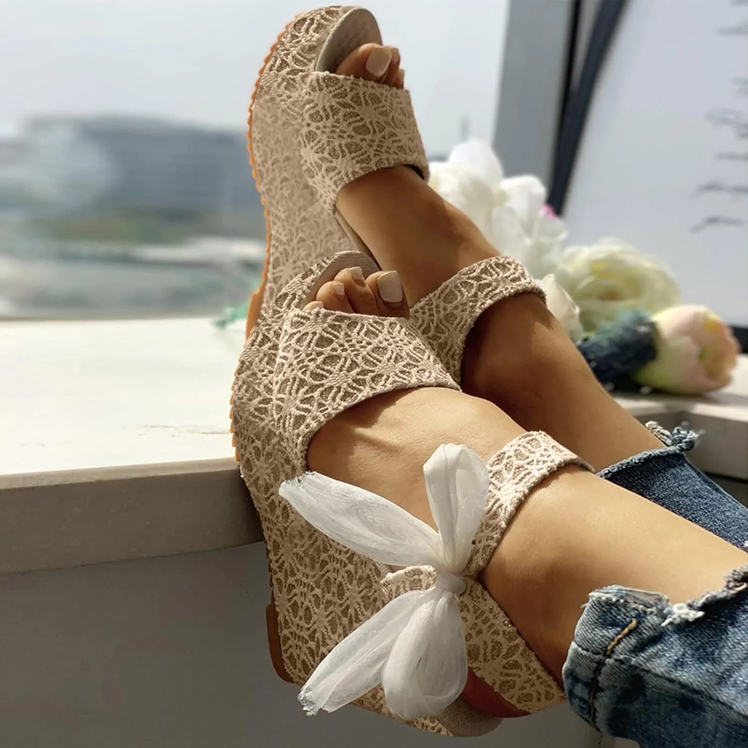 Lace Wedge Sandals for Women Ankle Strap Open Toe Sandals Bohemian Platform Sandals Summer Boho Shoes (Beige, 9)