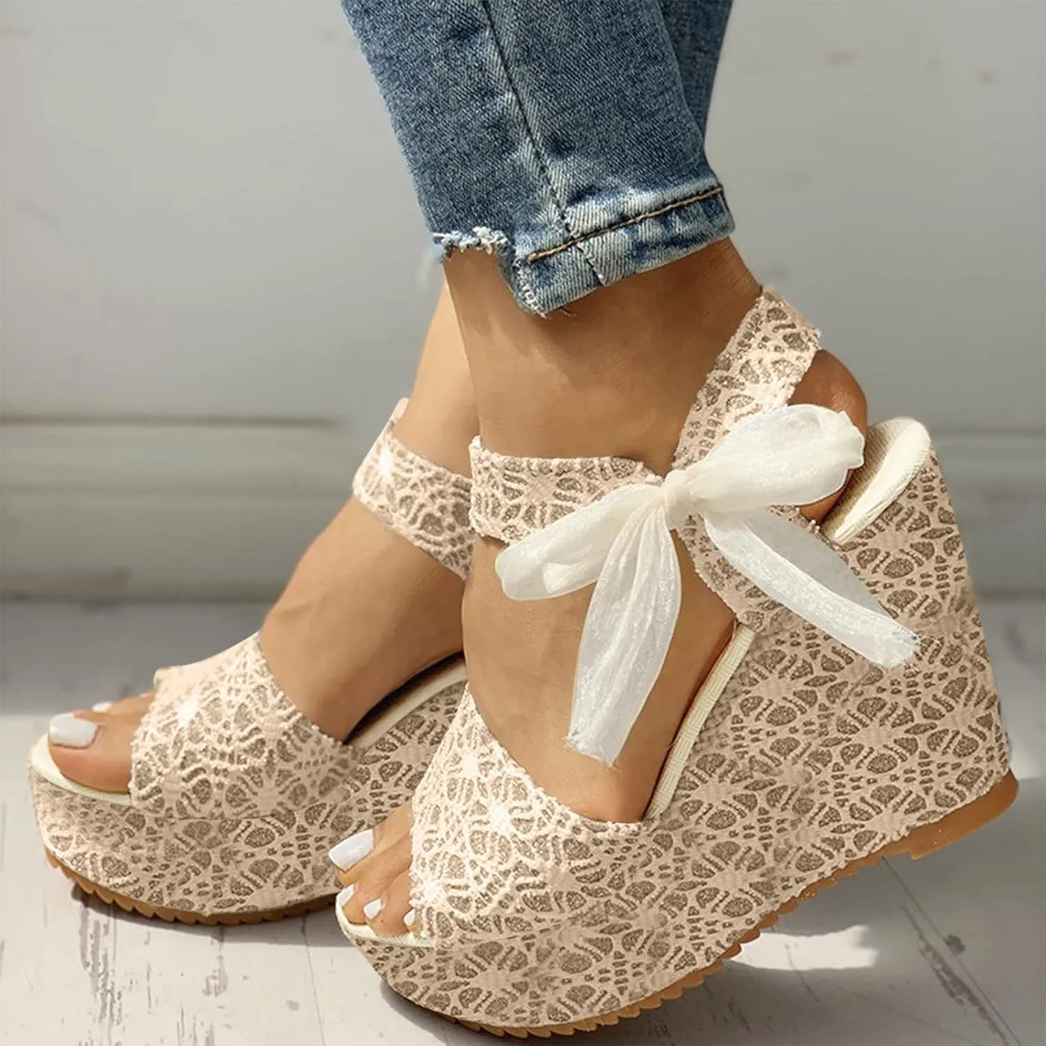 Lace Wedge Sandals for Women Ankle Strap Open Toe Sandals Bohemian Platform Sandals Summer Boho Shoes (Beige, 9)