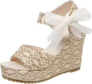 Lace Wedge Sandals for Women Ankle Strap Open Toe Sandals Bohemian Platform Sandals Summer Boho Shoes (Beige, 9)