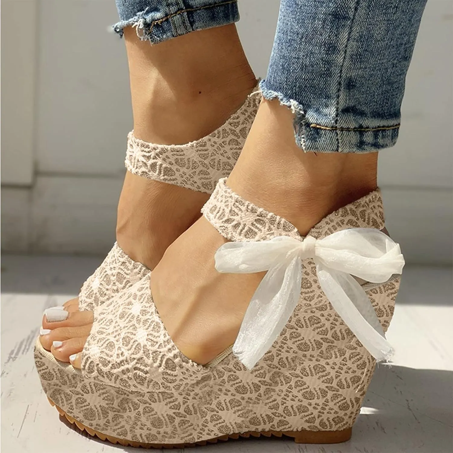 Lace Wedge Sandals for Women Ankle Strap Open Toe Sandals Bohemian Platform Sandals Summer Boho Shoes (Beige, 9)