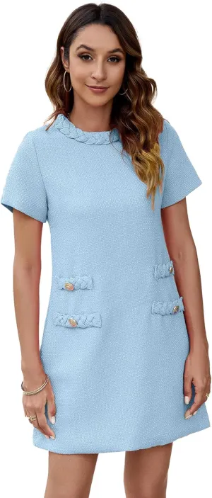 Ladyful Womens Tweed Jackie Dress Short Sleeve Elegant Crew Neck Business Party Vintage Button Bodycon Mini Jackie Dress