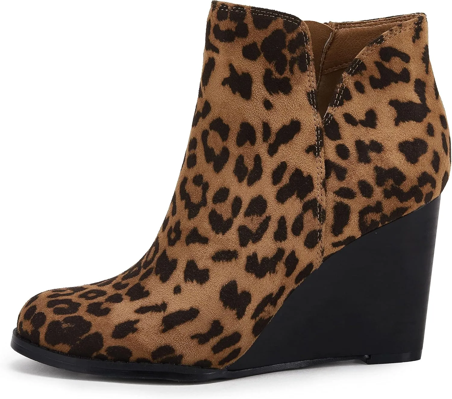LAICIGO Womens V Cut Wedge Ankle Booties Zip-up Closed Toe Stacked Heel Faux Suede Winter Boots