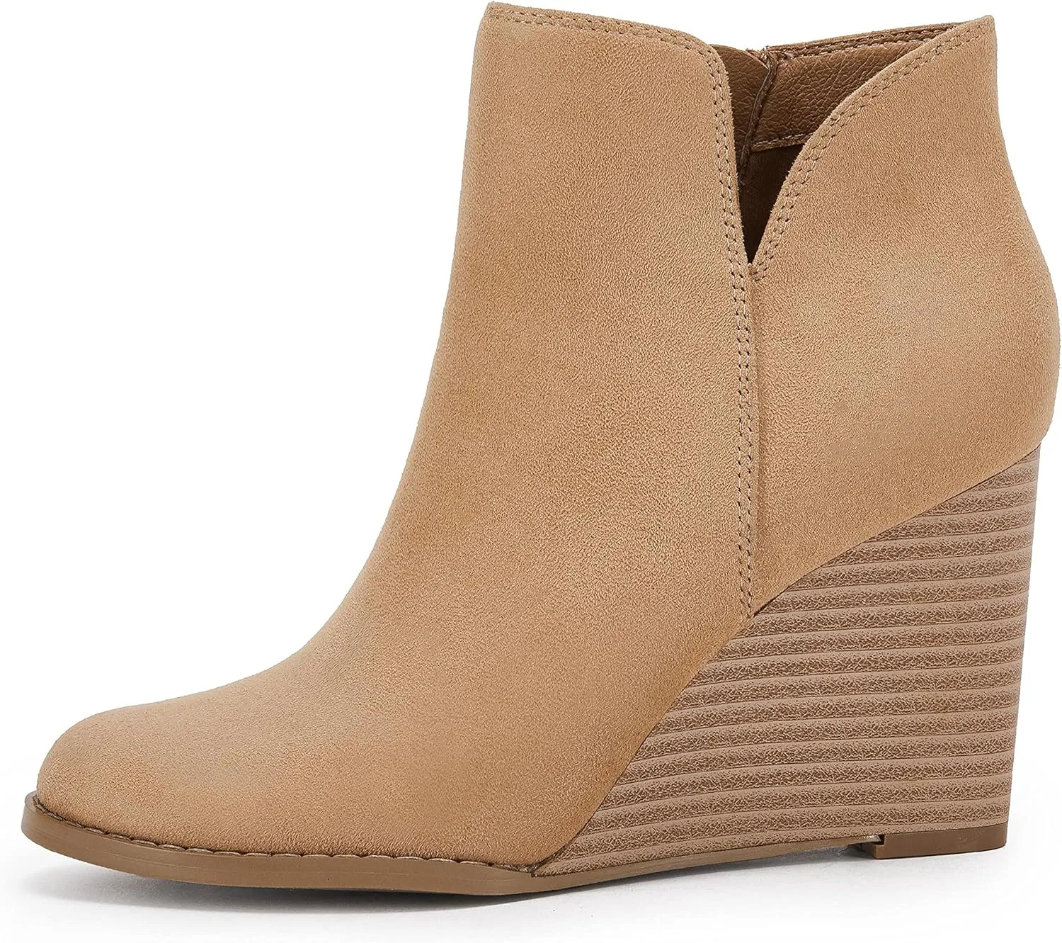 LAICIGO Womens V Cut Wedge Ankle Booties Zip-up Closed Toe Stacked Heel Faux Suede Winter Boots
