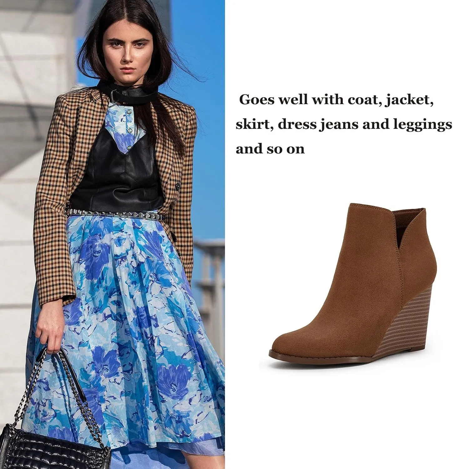 LAICIGO Womens V Cut Wedge Ankle Booties Zip-up Closed Toe Stacked Heel Faux Suede Winter Boots