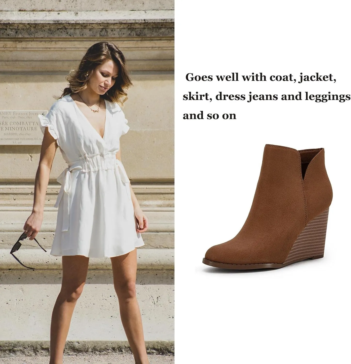 LAICIGO Womens V Cut Wedge Ankle Booties Zip-up Closed Toe Stacked Heel Faux Suede Winter Boots