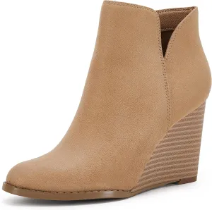 LAICIGO Womens V Cut Wedge Ankle Booties Zip-up Closed Toe Stacked Heel Faux Suede Winter Boots