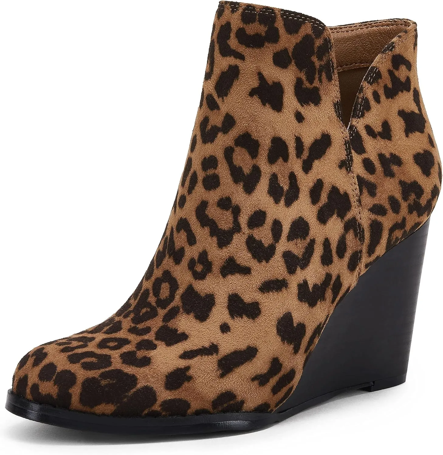 LAICIGO Womens V Cut Wedge Ankle Booties Zip-up Closed Toe Stacked Heel Faux Suede Winter Boots