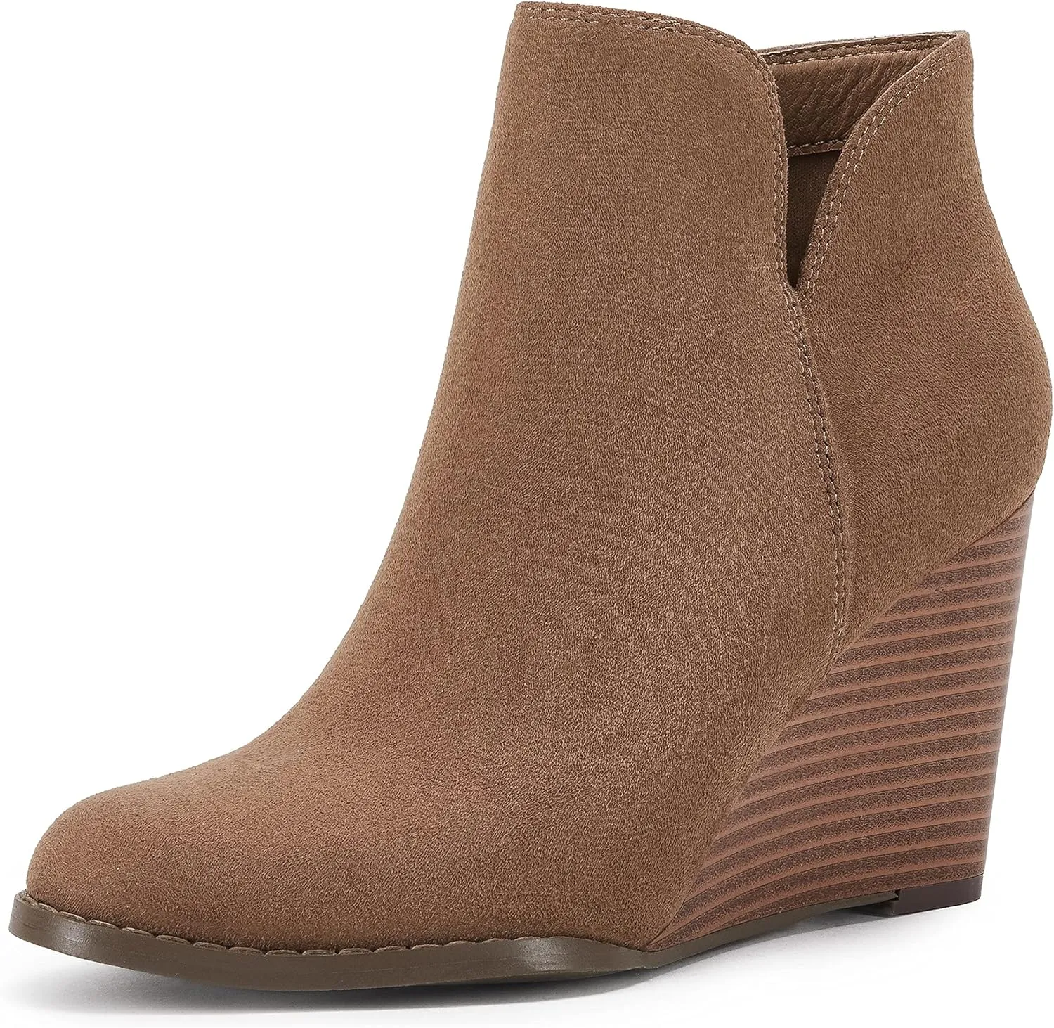 LAICIGO Womens V Cut Wedge Ankle Booties Zip-up Closed Toe Stacked Heel Faux Suede Winter Boots