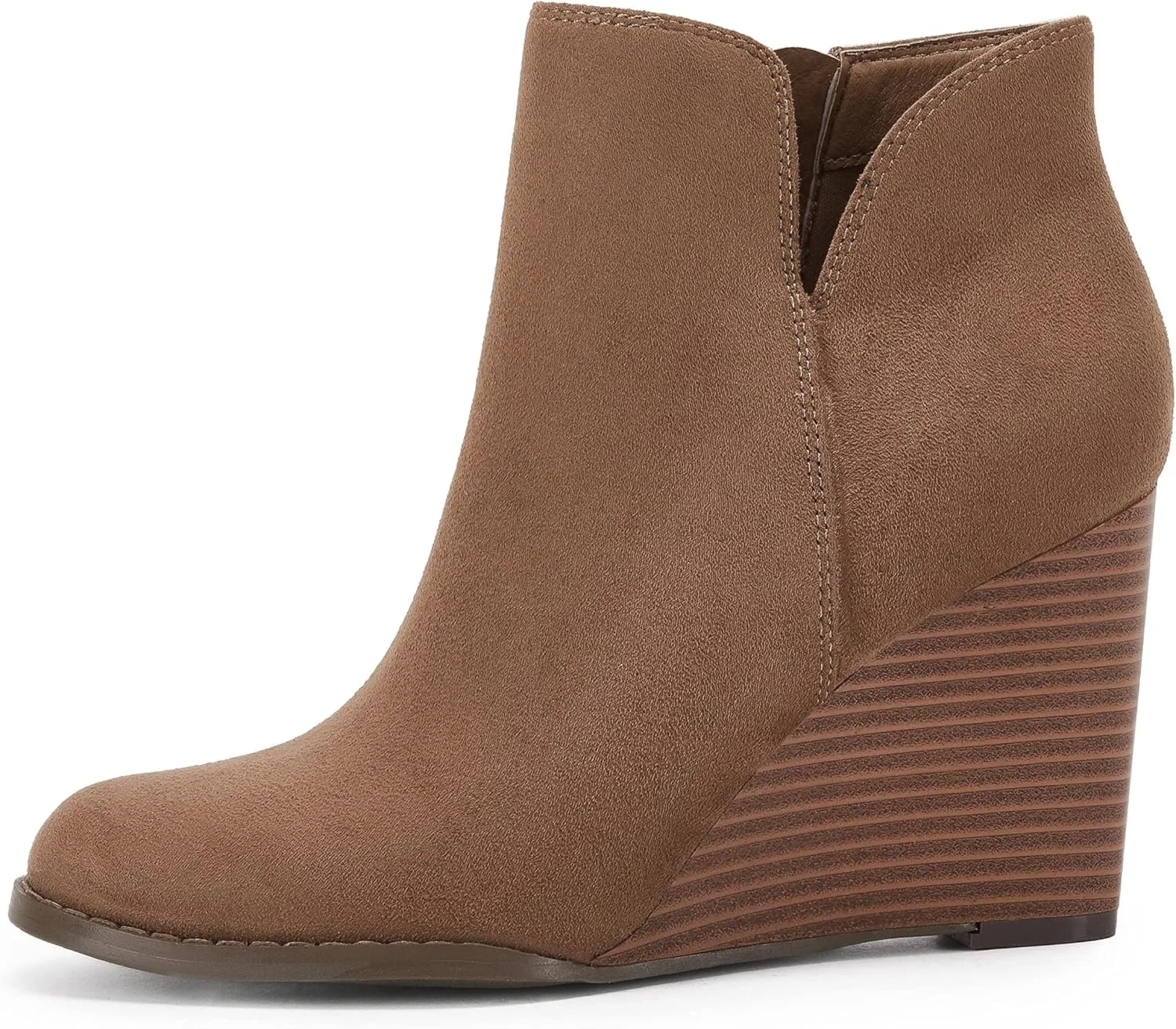 LAICIGO Womens V Cut Wedge Ankle Booties Zip-up Closed Toe Stacked Heel Faux Suede Winter Boots
