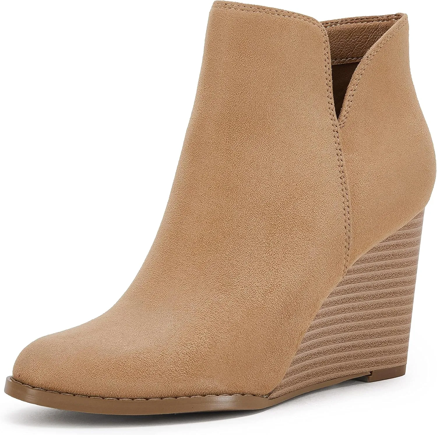 LAICIGO Womens V Cut Wedge Ankle Booties Zip-up Closed Toe Stacked Heel Faux Suede Winter Boots