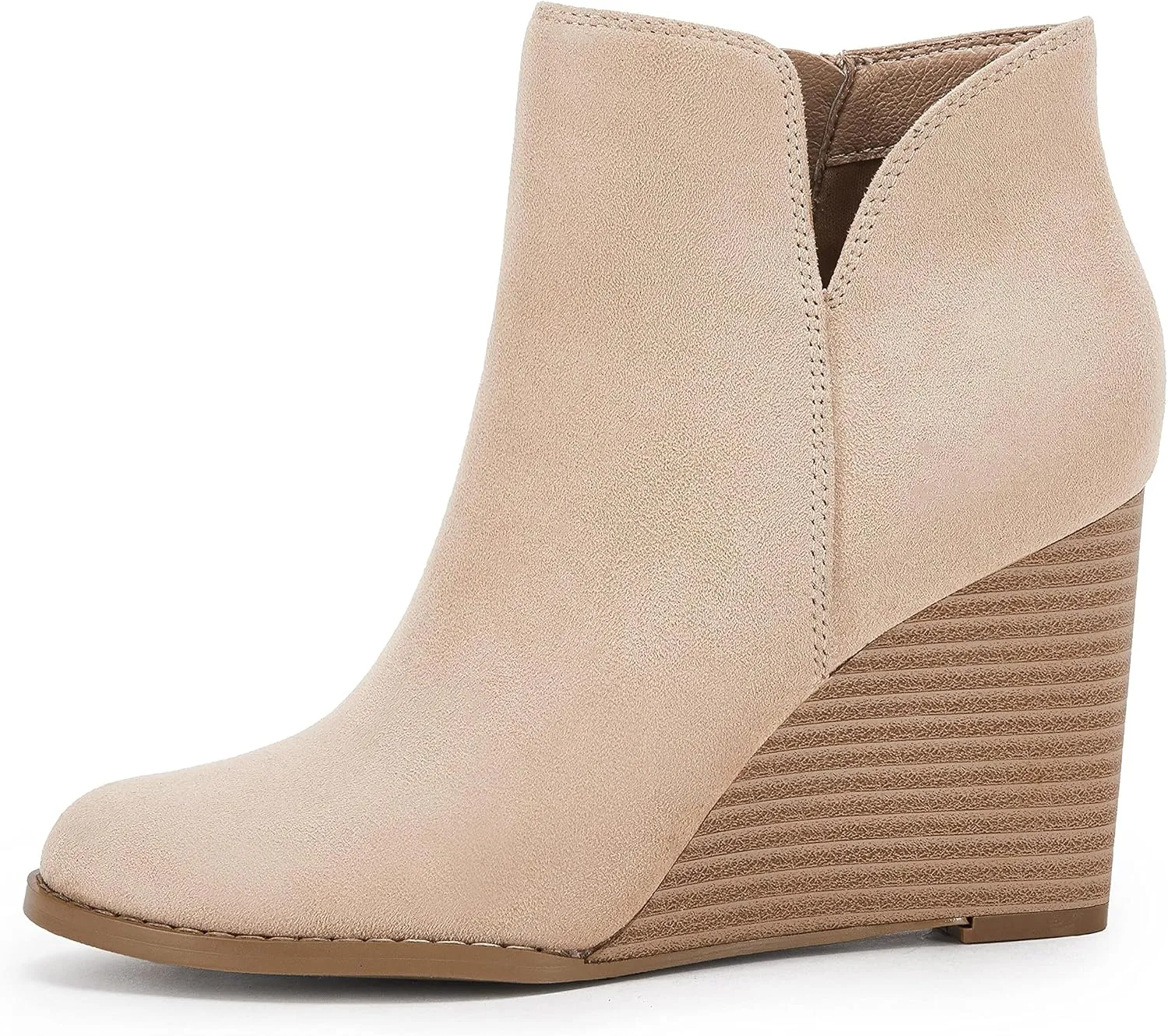 LAICIGO Womens V Cut Wedge Ankle Booties Zip-up Closed Toe Stacked Heel Faux Suede Winter Boots