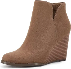 LAICIGO Womens V Cut Wedge Ankle Booties Zip-up Closed Toe Stacked Heel Faux Suede Winter Boots