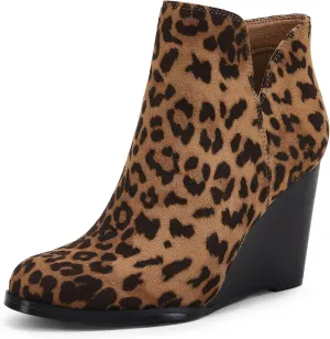 LAICIGO Womens V Cut Wedge Ankle Booties Zip-up Closed Toe Stacked Heel Faux Suede Winter Boots