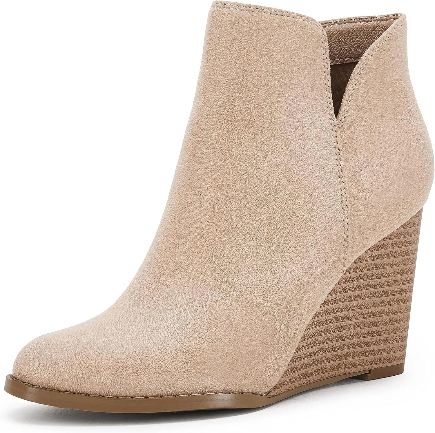 LAICIGO Womens V Cut Wedge Ankle Booties Zip-up Closed Toe Stacked Heel Faux Suede Winter Boots