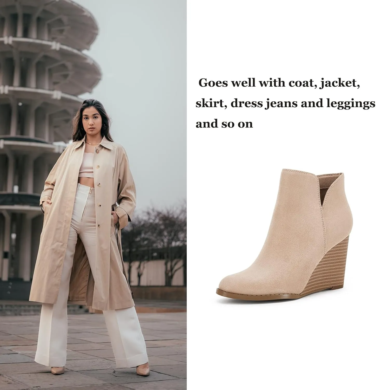 LAICIGO Womens V Cut Wedge Ankle Booties Zip-up Closed Toe Stacked Heel Faux Suede Winter Boots