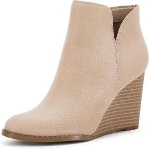 LAICIGO Womens V Cut Wedge Ankle Booties Zip-up Closed Toe Stacked Heel Faux Suede Winter Boots