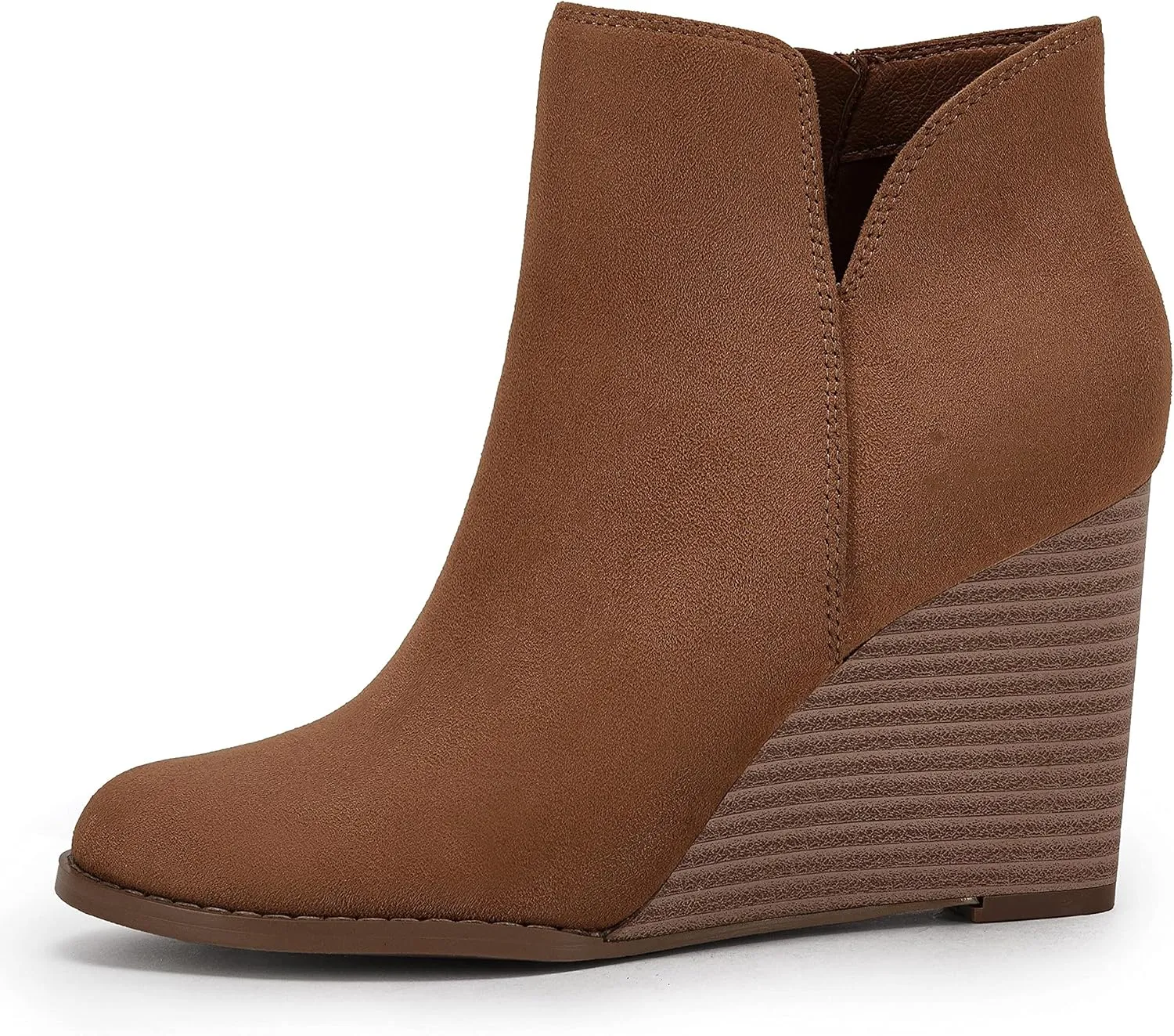 LAICIGO Womens V Cut Wedge Ankle Booties Zip-up Closed Toe Stacked Heel Faux Suede Winter Boots