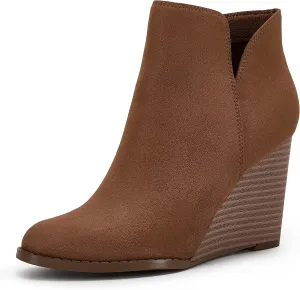 LAICIGO Womens V Cut Wedge Ankle Booties Zip-up Closed Toe Stacked Heel Faux Suede Winter Boots