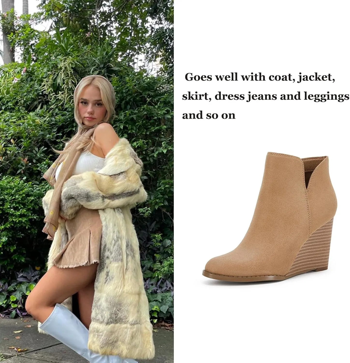 LAICIGO Womens V Cut Wedge Ankle Booties Zip-up Closed Toe Stacked Heel Faux Suede Winter Boots