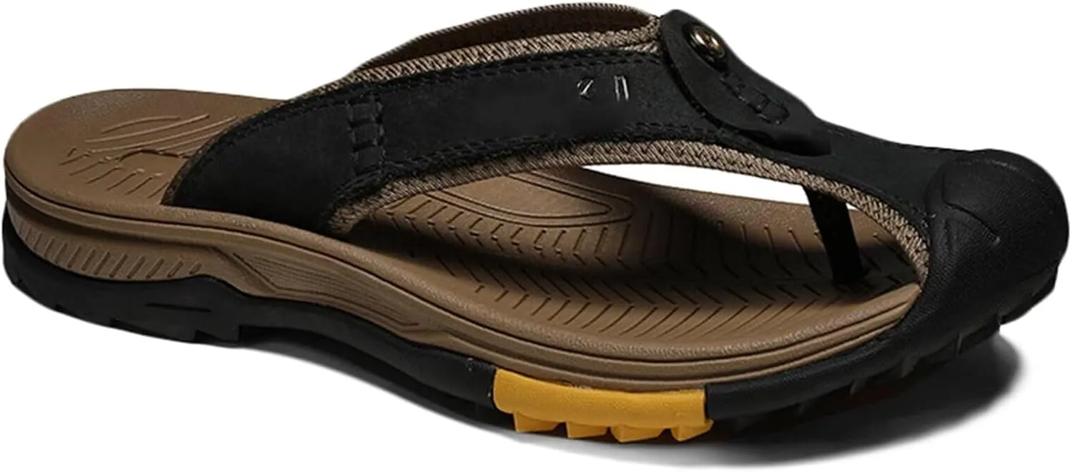 Leather Flip Flops Mens Summer Casual Beach Sandals Non Slip Closed Toe Walking Hiking Sandals Beach Slipper