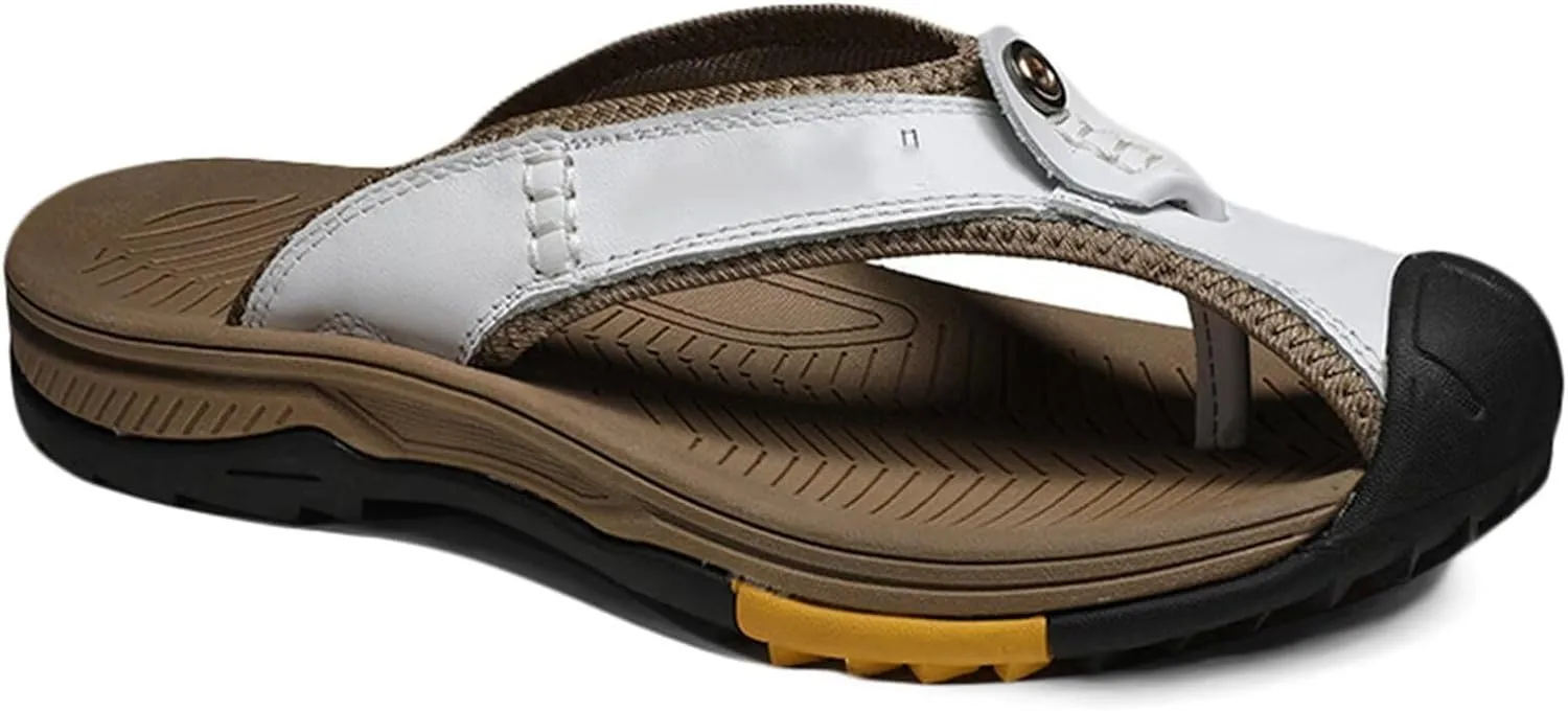 Leather Flip Flops Mens Summer Casual Beach Sandals Non Slip Closed Toe Walking Hiking Sandals Beach Slipper