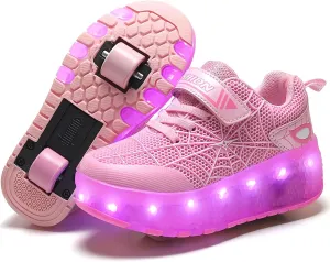 LED Light Up Roller Shoes with Double Wheels, Retractable Skateboarding Shoes for Kids Outdoor Sport Cross Trainers with Flashing Sneakers