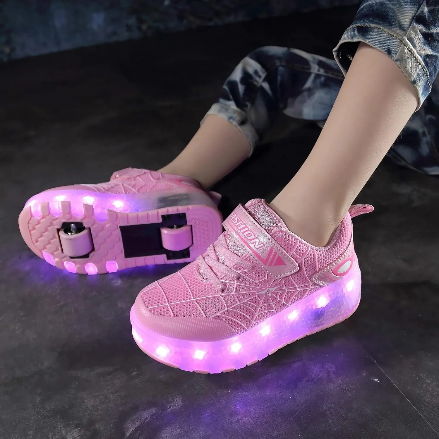 LED Light Up Roller Shoes with Double Wheels, Retractable Skateboarding Shoes for Kids Outdoor Sport Cross Trainers with Flashing Sneakers