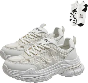 LELEBEAR Chunky White Sneakers Women, Fashion Mesh Platform Sneakers, Casual Jogging Walking Shoes with Cute Socks