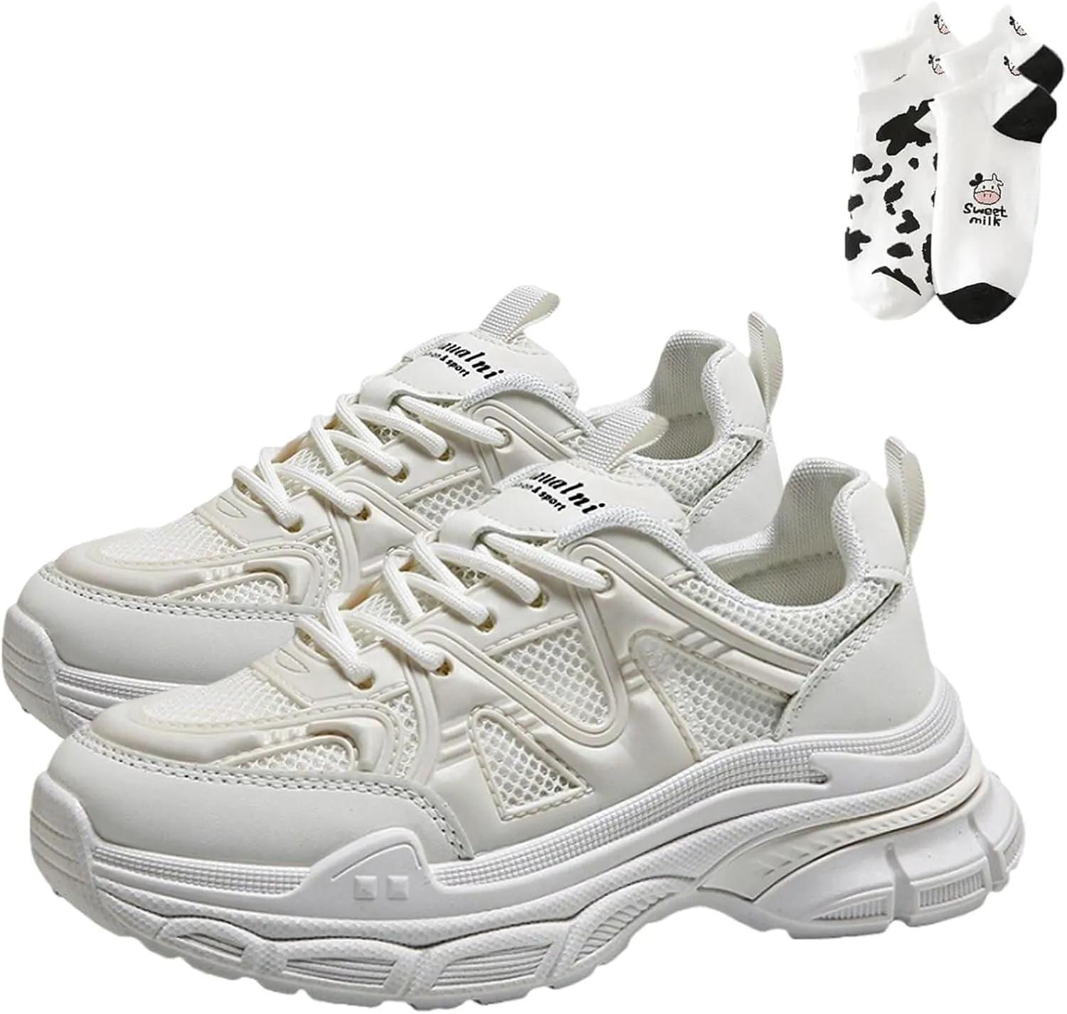 LELEBEAR Chunky White Sneakers Women, Fashion Mesh Platform Sneakers, Casual Jogging Walking Shoes with Cute Socks